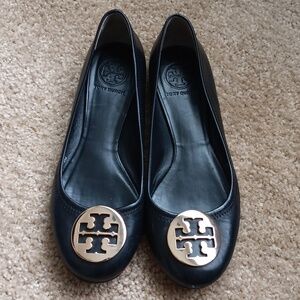 Tory Burch Black Flats with Gold Logo